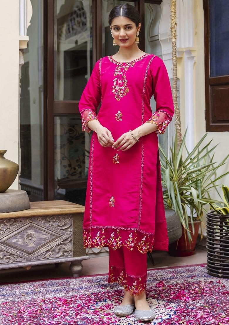 Pink Embroidered Viscose Salwar Kameez With Dupatta