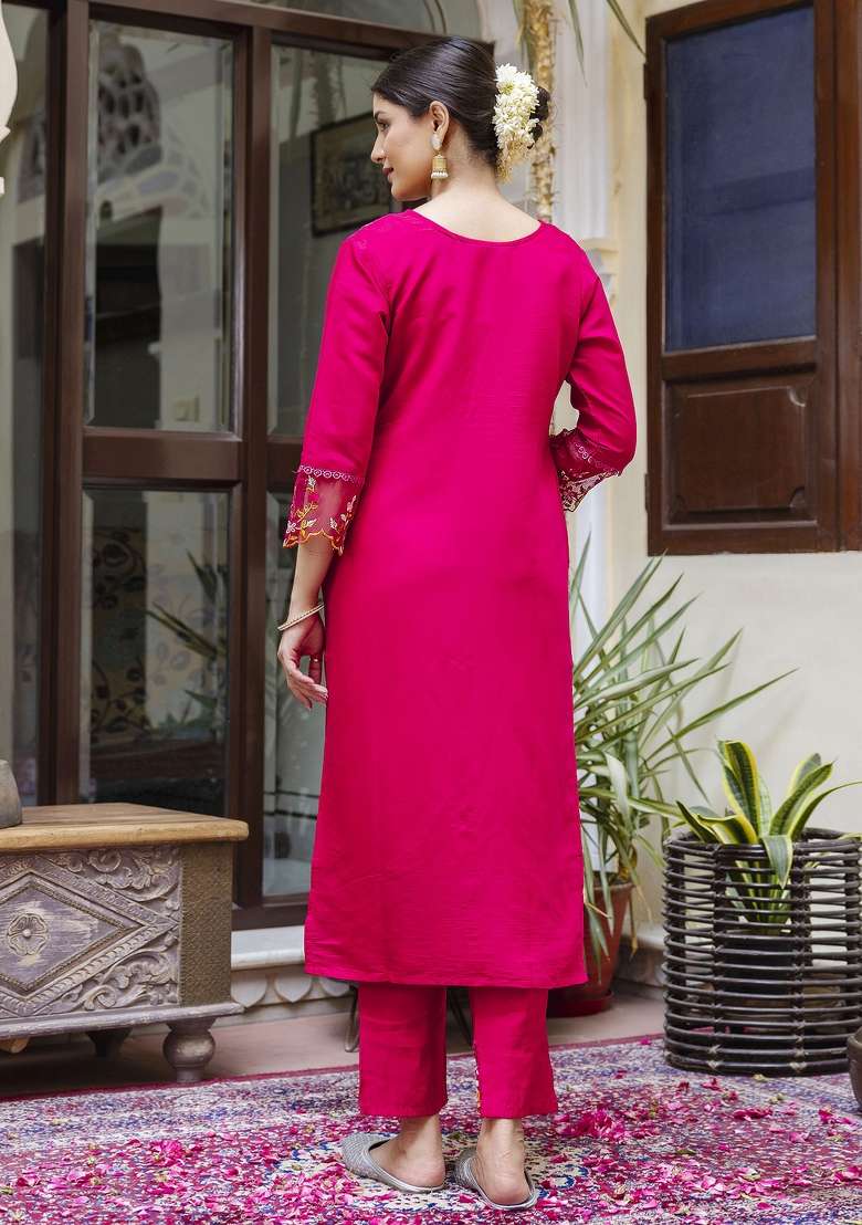 Pink Embroidered Viscose Straight Kurta Set - Indya
