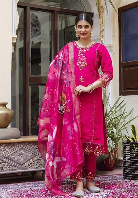 Pink Embroidered Viscose Salwar Kameez With Dupatta