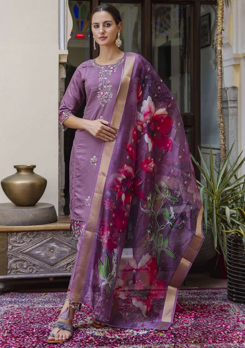Purple Embroidered Viscose Straight Kurta Set - Indya