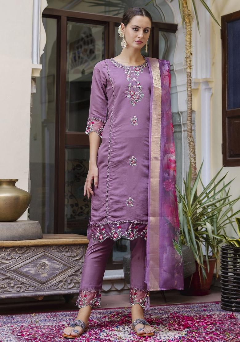 Purple Embroidered Viscose Salwar Kameez With Dupatta