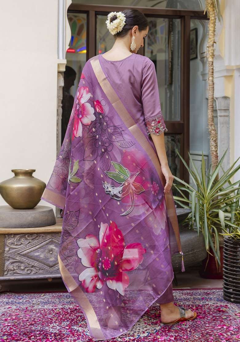 Purple Embroidered Viscose Straight Kurta Set - Indya