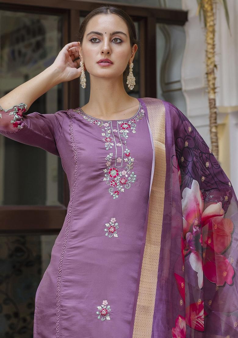Purple Embroidered Viscose Salwar Kameez With Dupatta