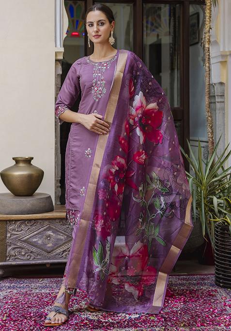 Purple Embroidered Viscose Salwar Kameez With Dupatta