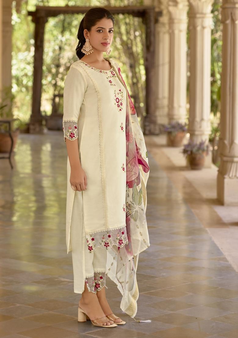 White Embroidered Viscose Salwar Kameez With Dupatta