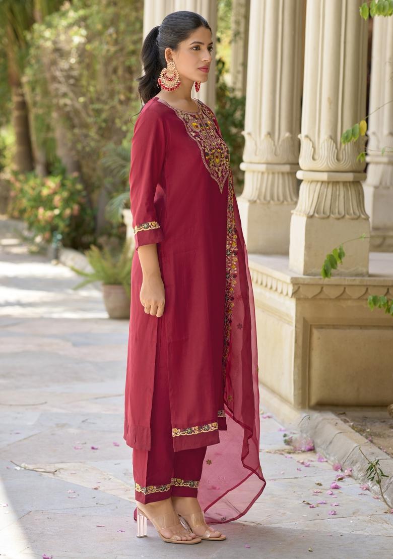 Maroon Embroidered Viscose Salwar Kameez With Dupatta
