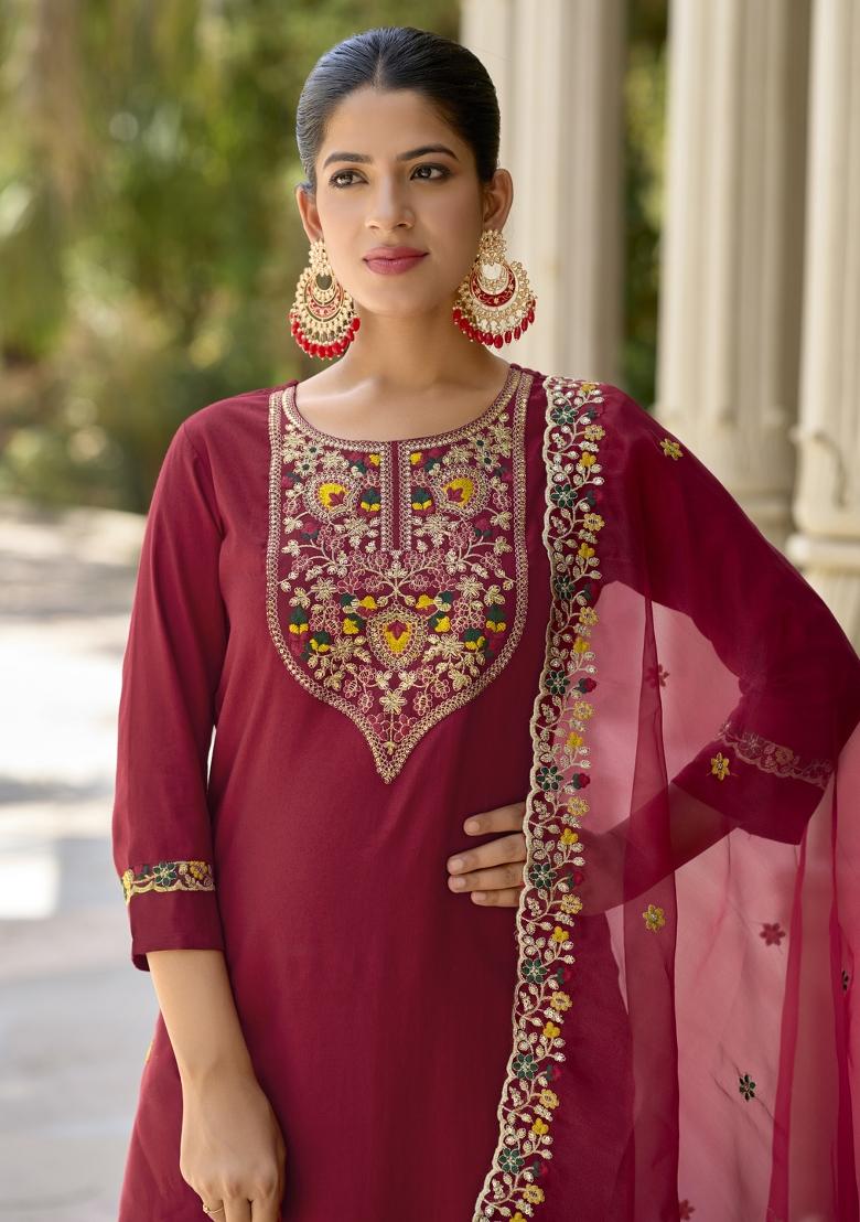 Maroon Embroidered Viscose Salwar Kameez With Dupatta