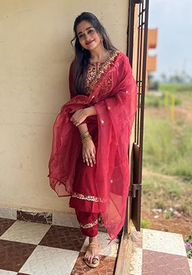 Maroon Embroidered Viscose Salwar Kameez With Dupatta
