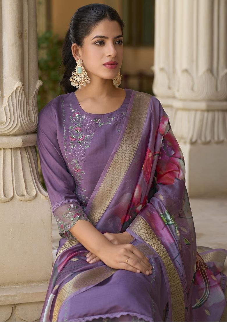 Lavender Embroidered Viscose Salwar Kameez With Dupatta