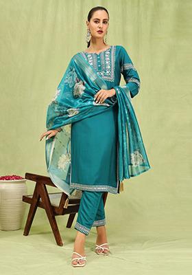 Rama Blue Embroidered Viscose Salwar Kameez With Dupatta