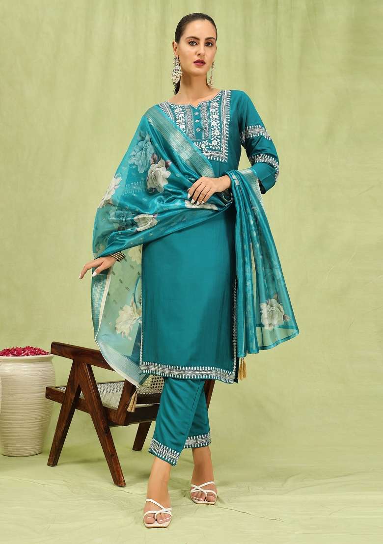 Rama Blue Embroidered Viscose Straight Kurta Set - Indya