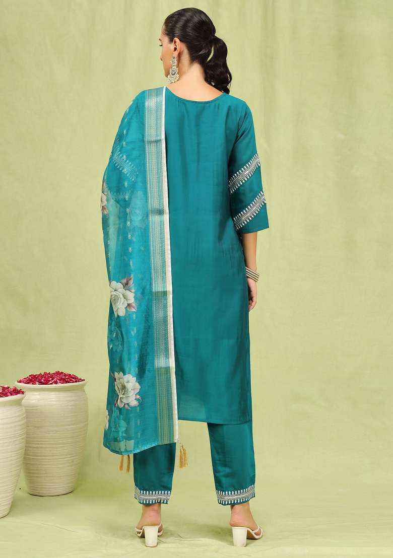 Rama Blue Embroidered Viscose Straight Kurta Set - Indya