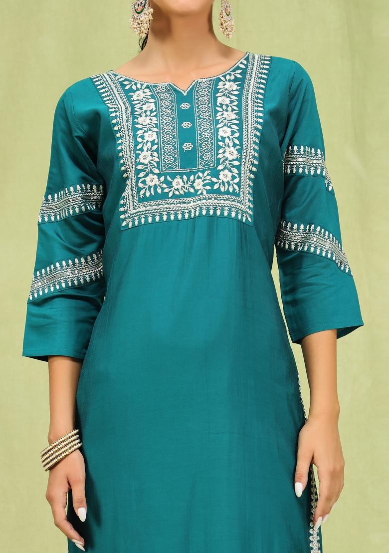 Rama Blue Embroidered Viscose Salwar Kameez With Dupatta