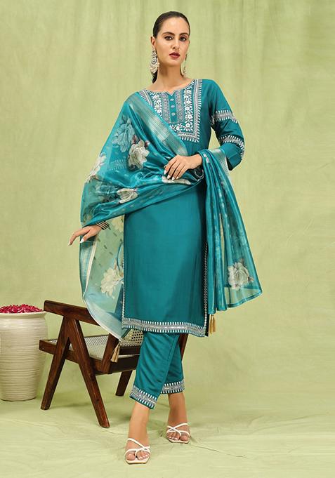 Rama Blue Embroidered Viscose Salwar Kameez With Dupatta