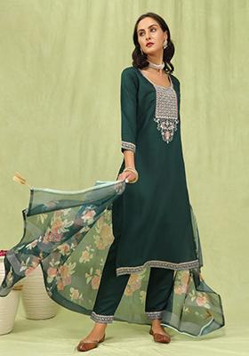 Green Embroidered Viscose Salwar Kameez With Dupatta