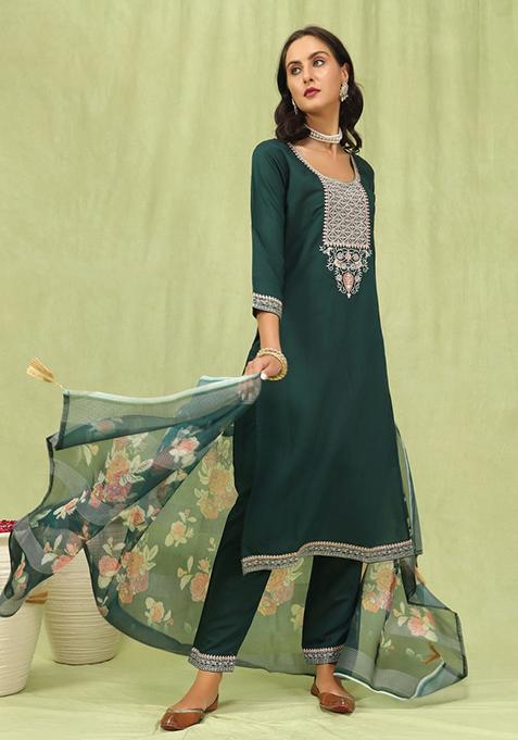 Green Embroidered Viscose Salwar Kameez With Dupatta