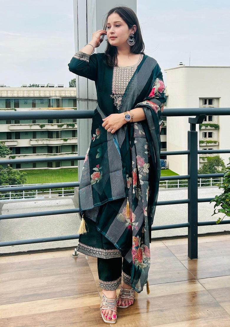 Green Embroidered Viscose Salwar Kameez With Dupatta