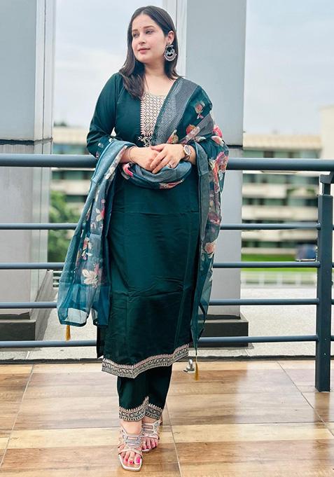Green Embroidered Viscose Salwar Kameez With Dupatta
