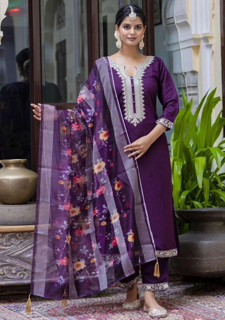 Purple Embroidered Viscose Straight Kurta Set - Indya