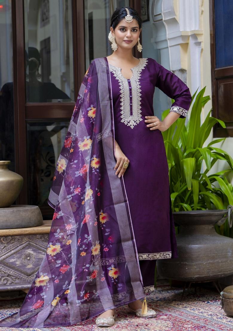 Purple Embroidered Viscose Salwar Kameez With Dupatta