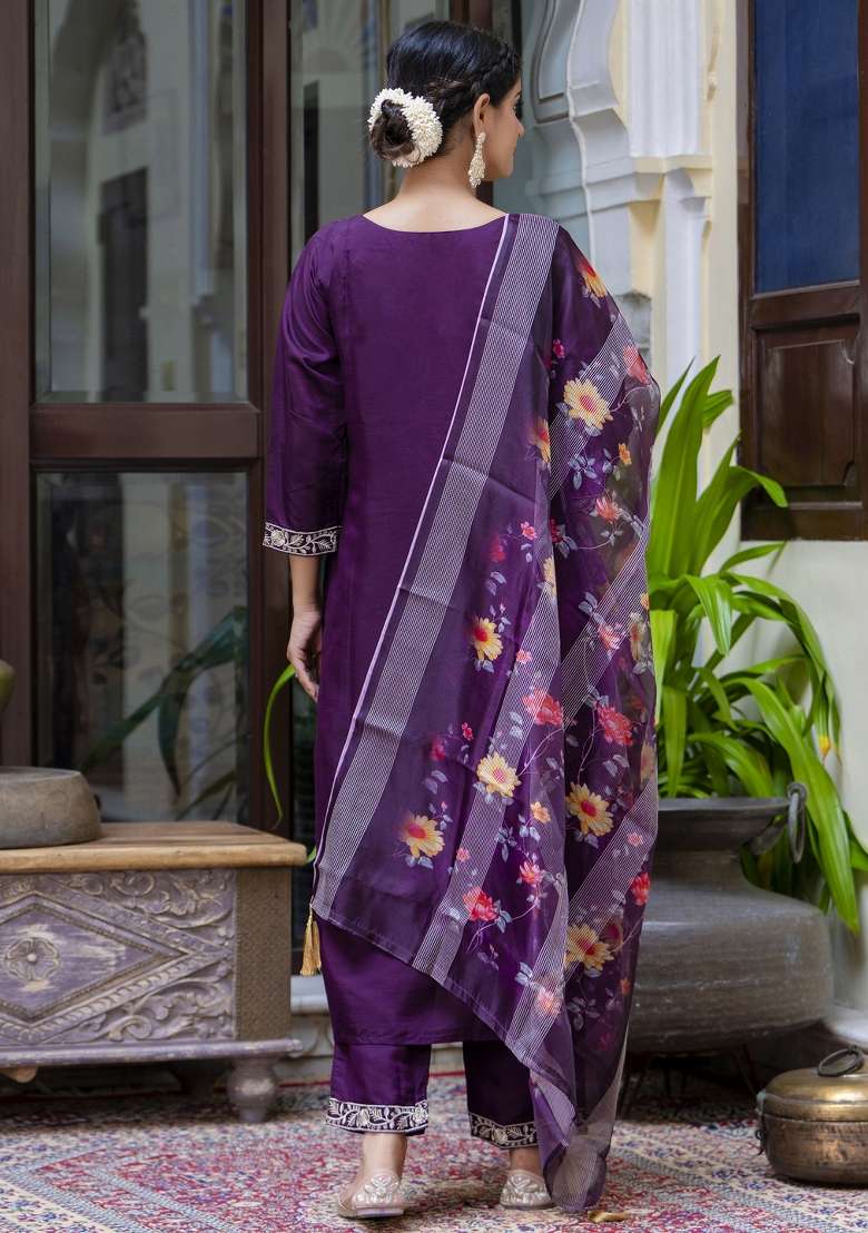 Purple Embroidered Viscose Straight Kurta Set - Indya