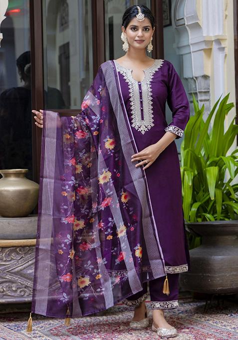 Purple Embroidered Viscose Salwar Kameez With Dupatta