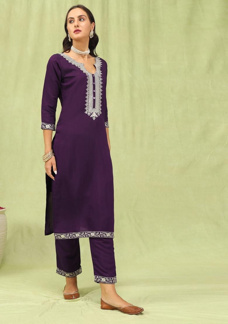 Purple Embroidered Viscose Salwar Kameez With Dupatta