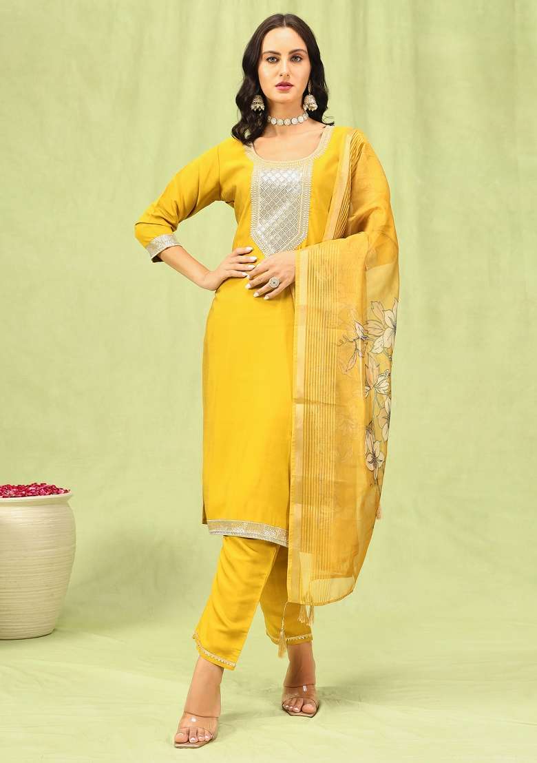 Yellow Embroidered Viscose Straight Kurta Set - Indya