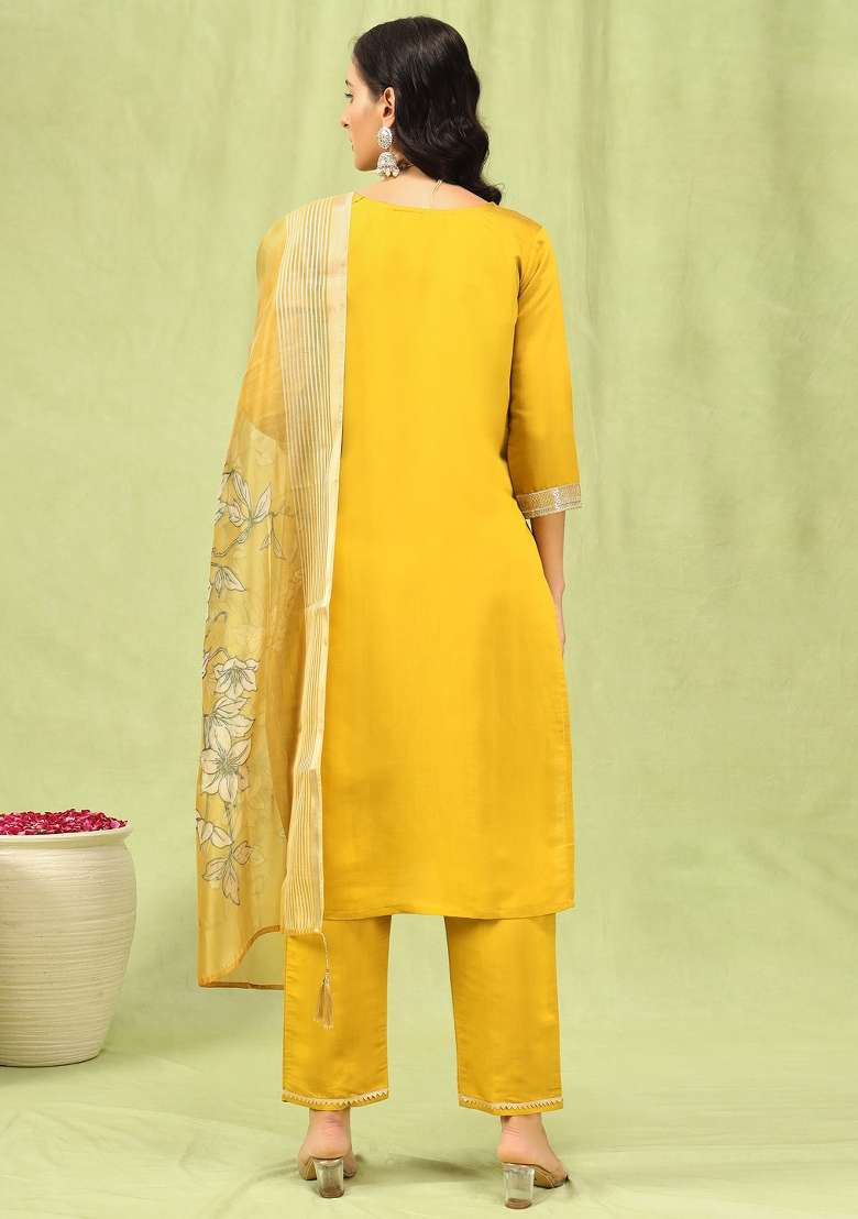 Yellow Embroidered Viscose Straight Kurta Set - Indya