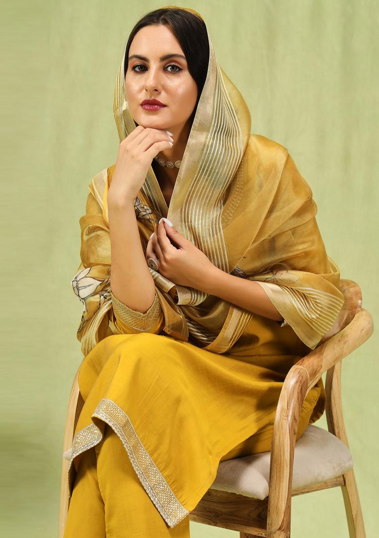 Yellow Embroidered Viscose Salwar Kameez With Dupatta