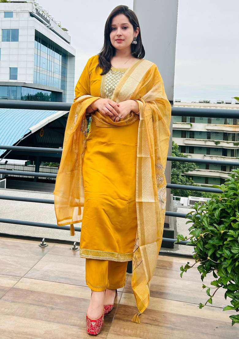 Yellow Embroidered Viscose Straight Kurta Set - Indya
