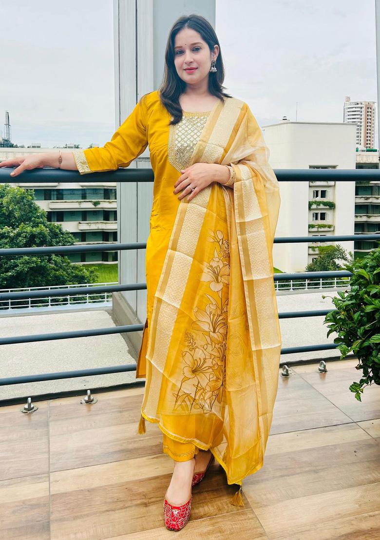 Yellow Embroidered Viscose Salwar Kameez With Dupatta