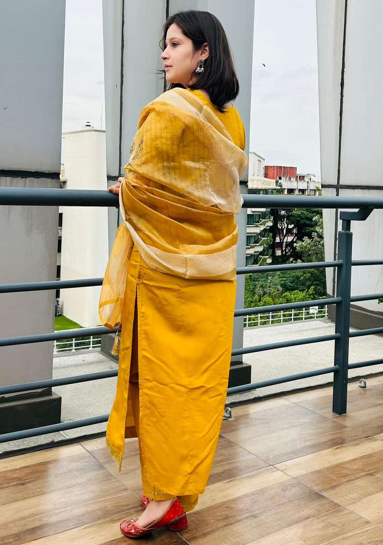 Yellow Embroidered Viscose Straight Kurta Set - Indya