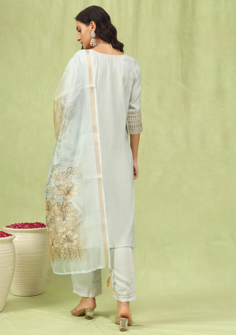 Grey Embroidered Viscose Salwar Kameez With Dupatta