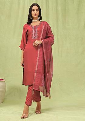 Peach Embroidered Viscose Salwar Kameez With Dupatta