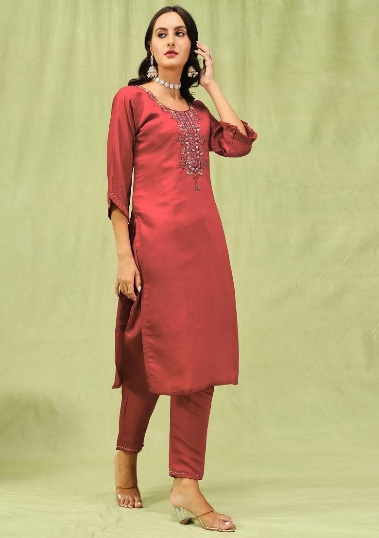 Peach Embroidered Viscose Salwar Kameez With Dupatta