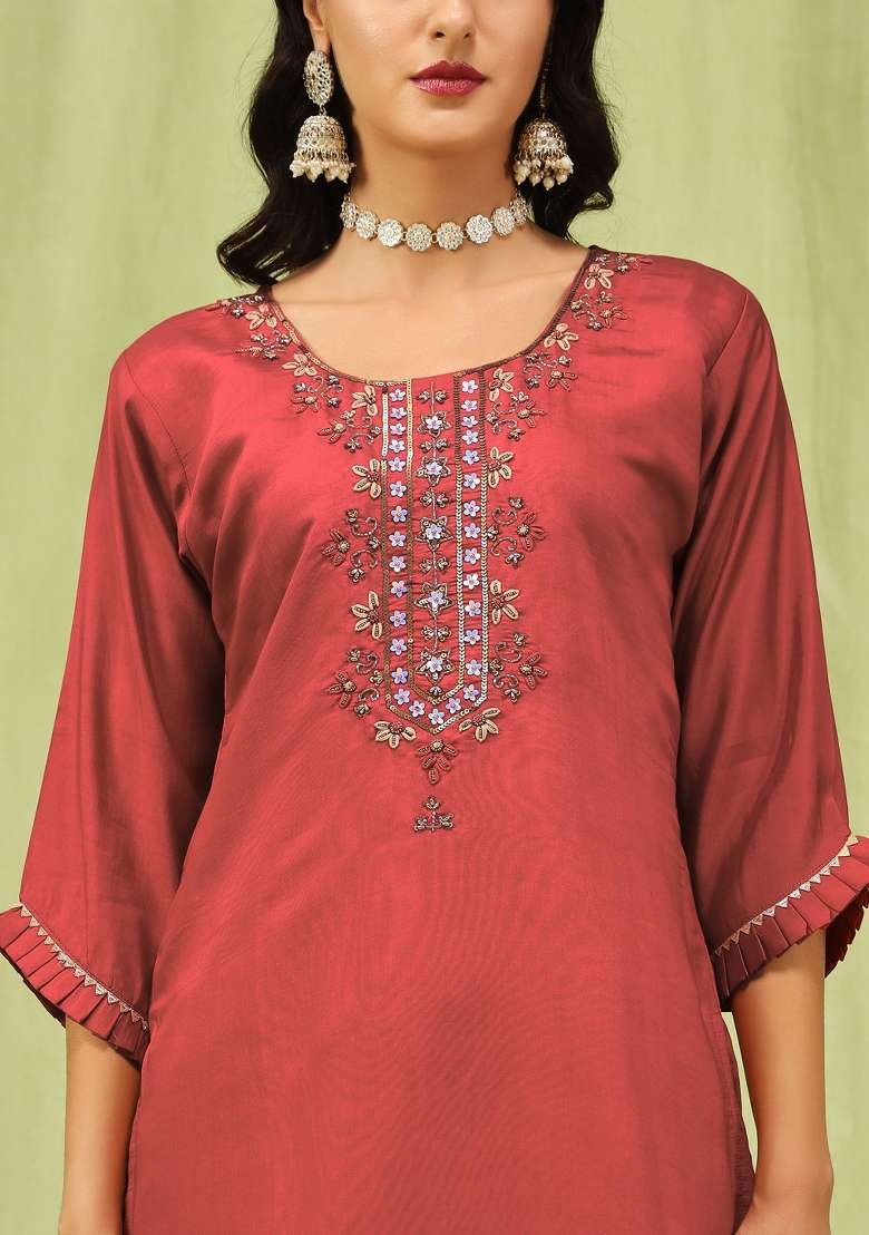 Peach Embroidered Viscose Straight Kurta Set - Indya