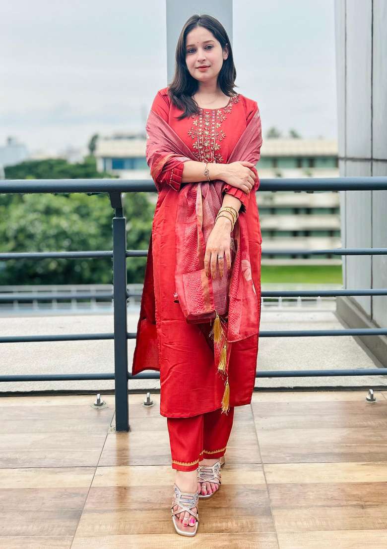 Peach Embroidered Viscose Straight Kurta Set - Indya