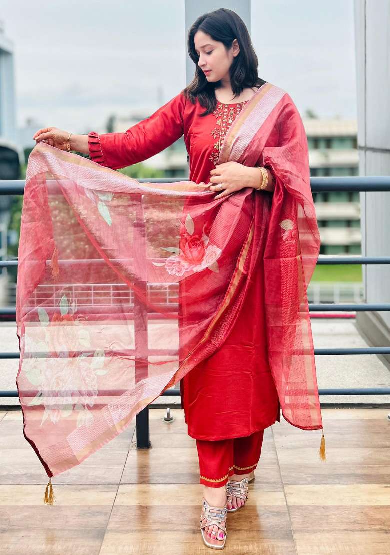 Peach Embroidered Viscose Straight Kurta Set - Indya