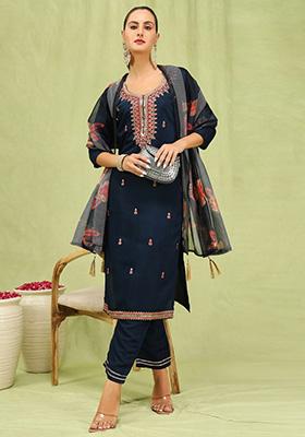 Blue Embroidered Viscose Salwar Kameez With Dupatta