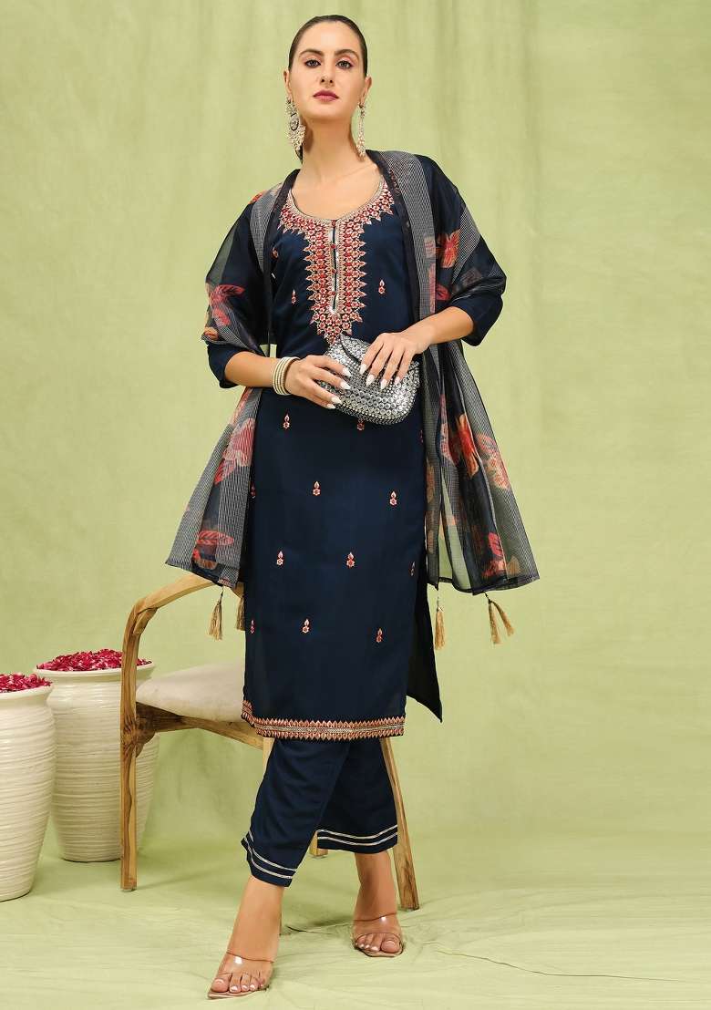 Blue Embroidered Viscose Straight Kurta Set - Indya
