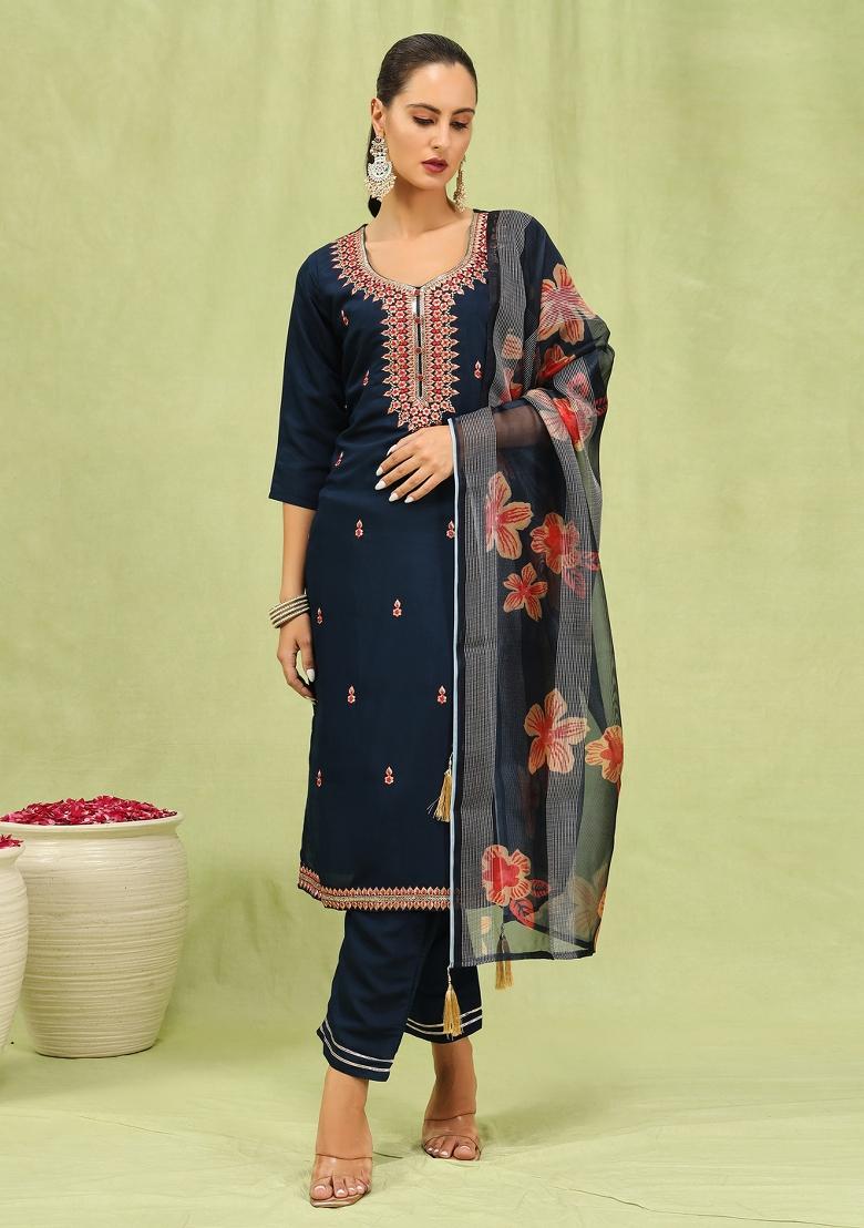 Blue Embroidered Viscose Salwar Kameez With Dupatta