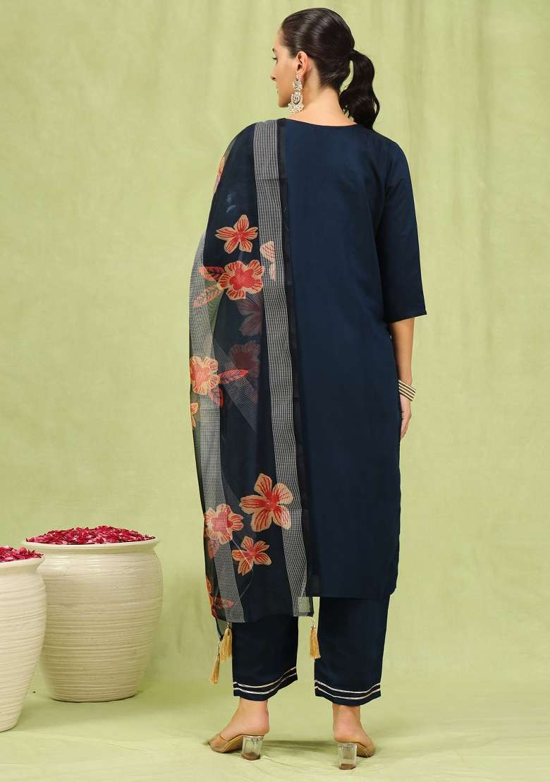 Blue Embroidered Viscose Straight Kurta Set - Indya