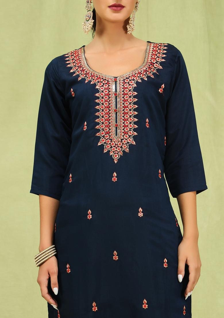 Blue Embroidered Viscose Salwar Kameez With Dupatta