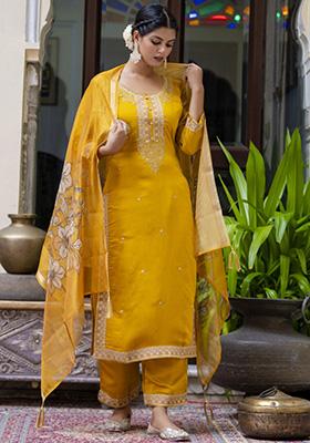 Mustard Yellow Embroidered Viscose Salwar Kameez With Dupatta