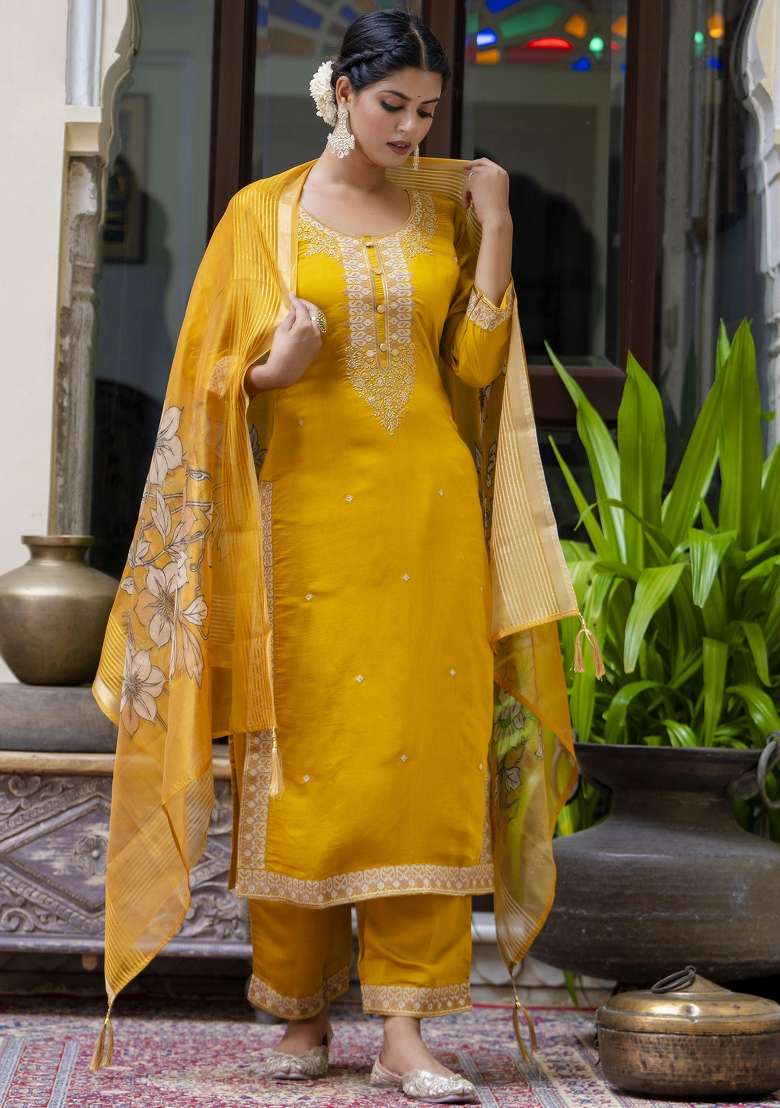 Mustard Yellow Embroidered Viscose Straight Kurta Set - Indya
