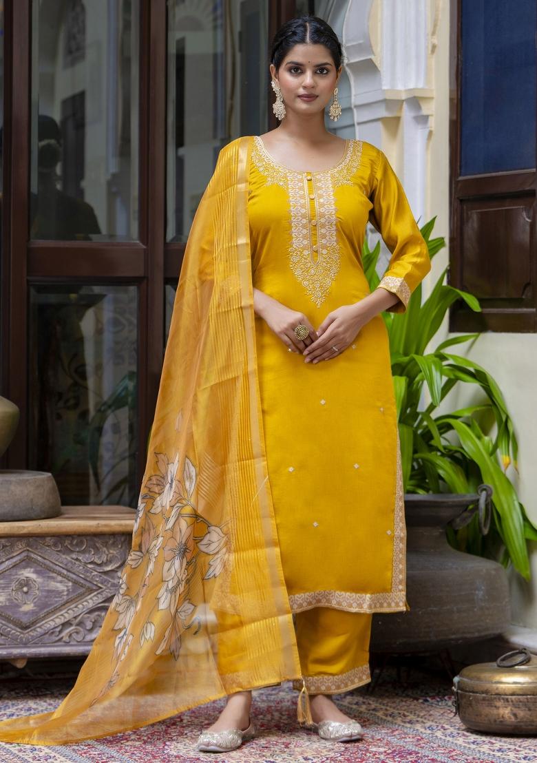 Mustard Yellow Embroidered Viscose Salwar Kameez With Dupatta