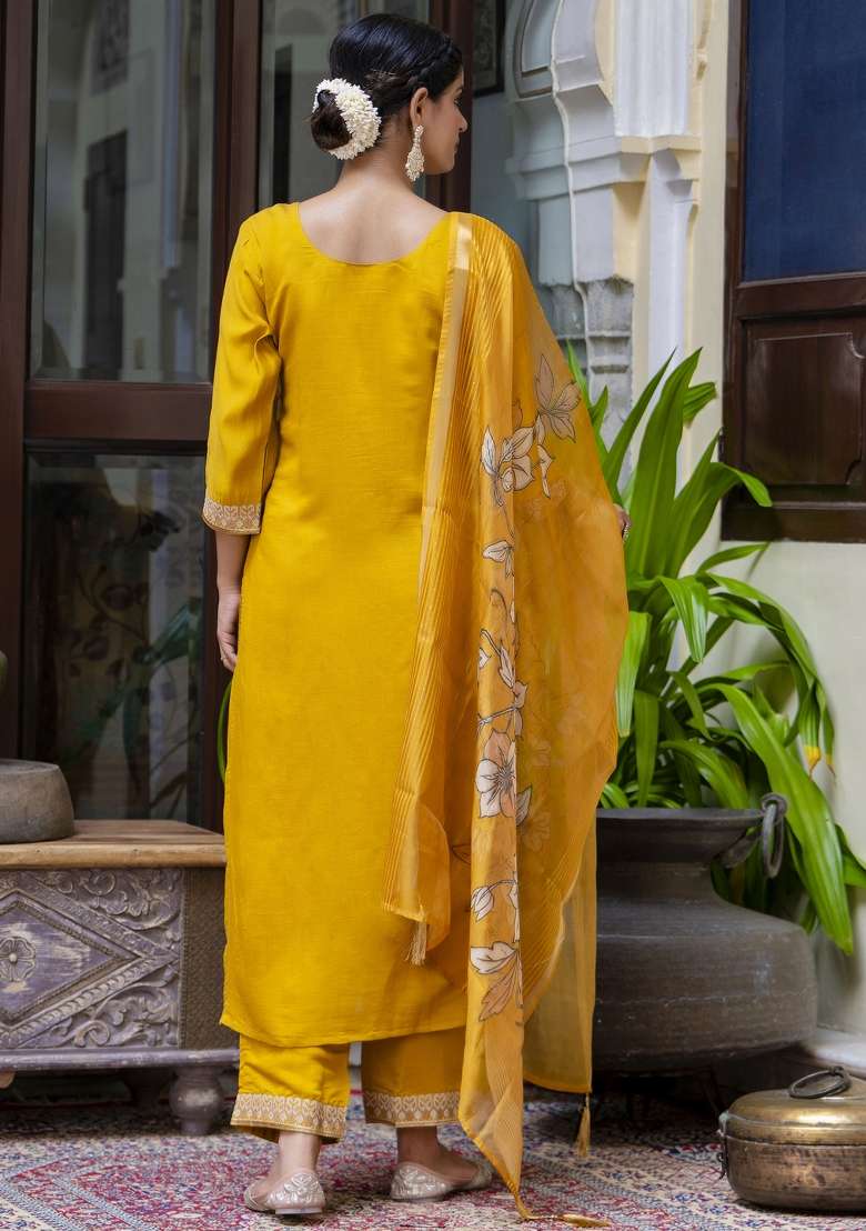 Mustard Yellow Embroidered Viscose Straight Kurta Set - Indya