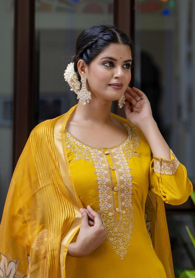 Mustard Yellow Embroidered Viscose Salwar Kameez With Dupatta