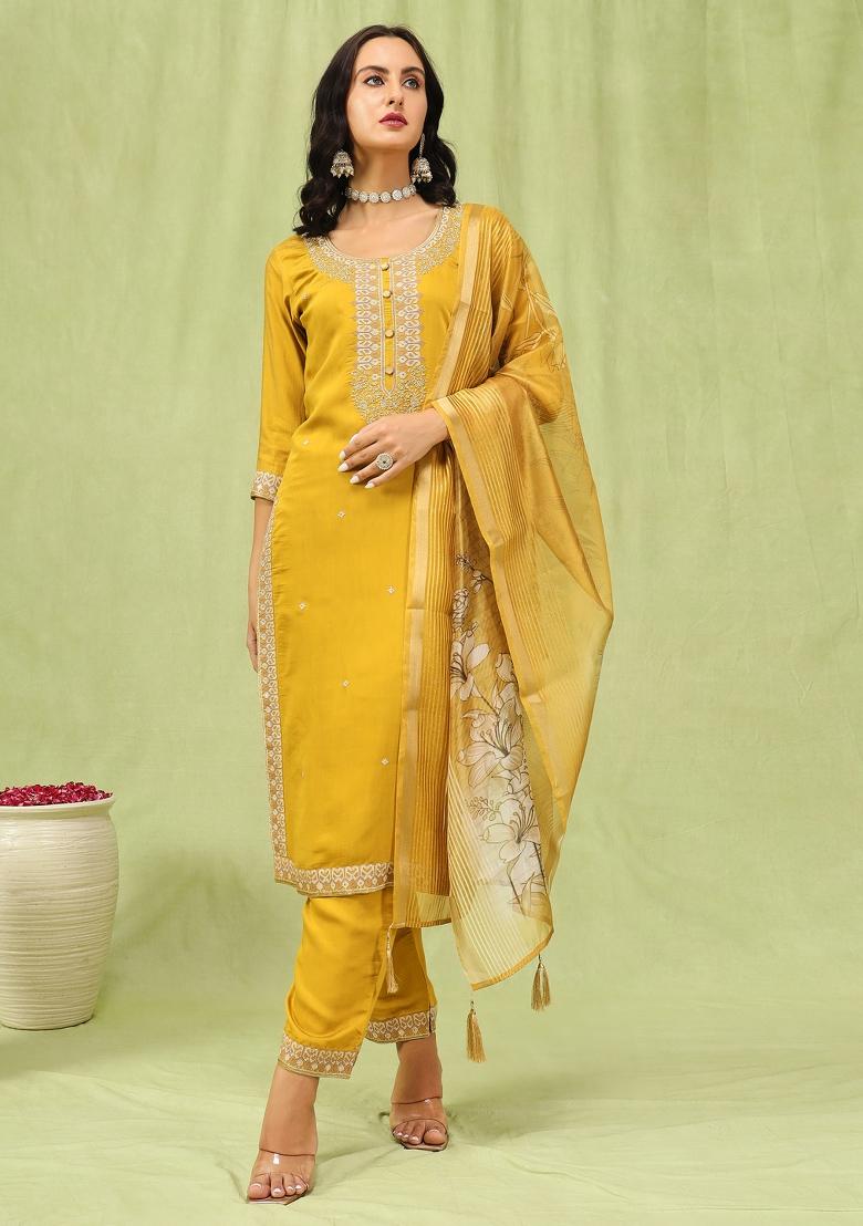 Mustard Yellow Embroidered Viscose Salwar Kameez With Dupatta